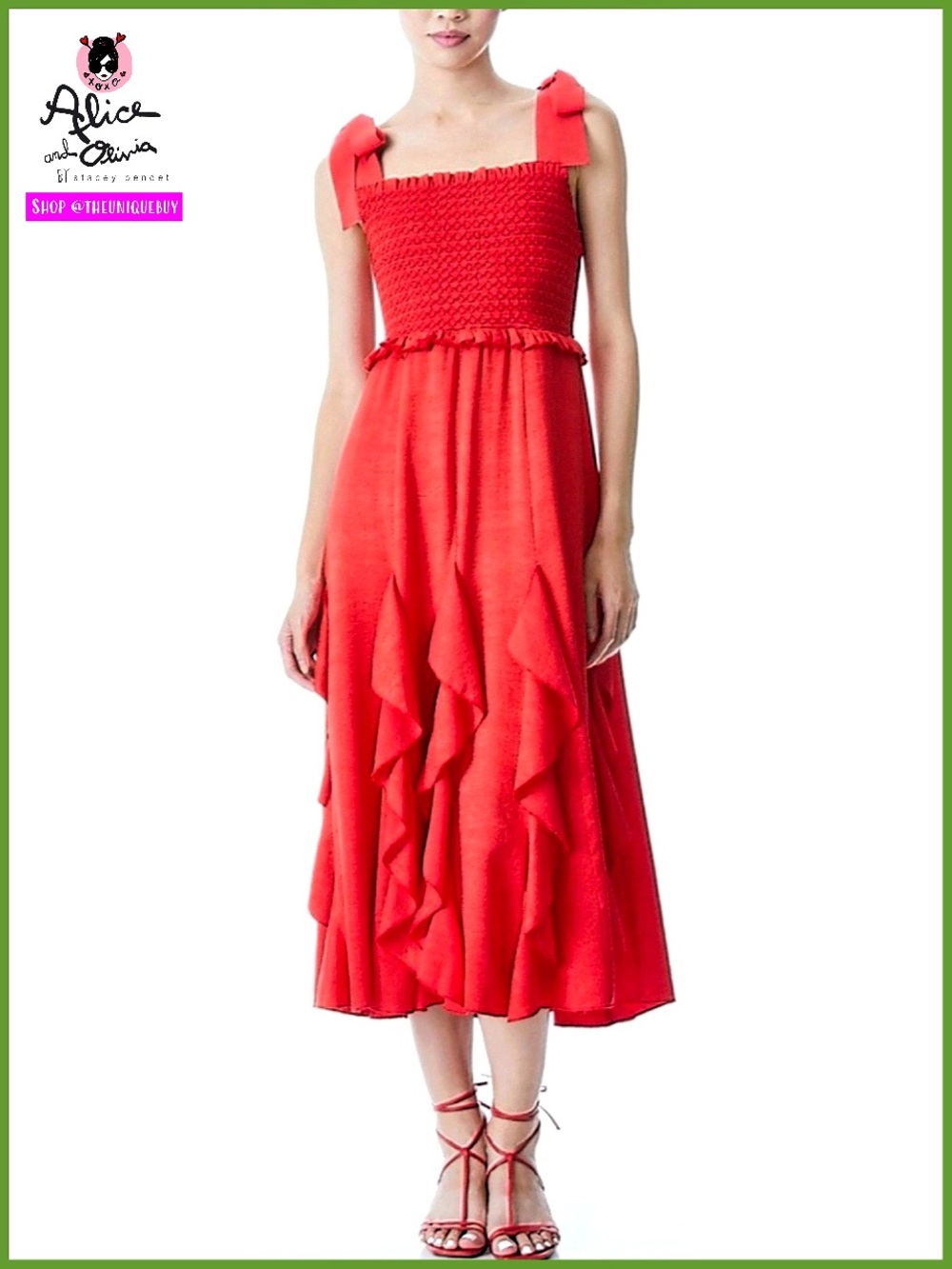 Alice + Olivia Jocelyn Bold Poppy Red Tie Shoulder Ruffle Dress